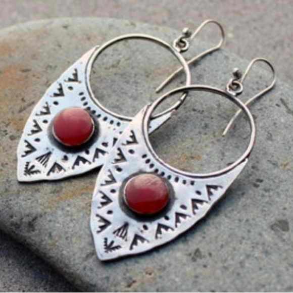 Sterling Silver 925 Handmade Carnelian Gemstone Earrings - Boho Ethnic Triangle - Picture 2 of 8